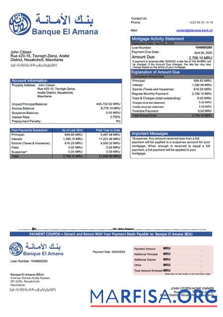 Printable Mauritania Banque El Amana (BEA) mortgage statement Word and PDF template
